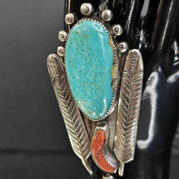 Navajo Turquoise And Coral Sterling Silver Bolo Tie Signed. USA Native American - Picture 3 of 15